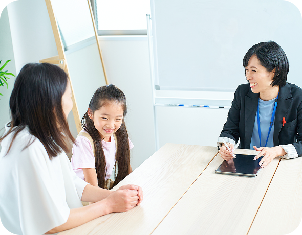 子供と保護者と相談している相談員